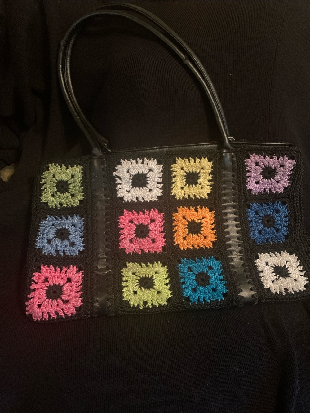 The Sak Black Crochet Tote with Multicolor Granny Squares